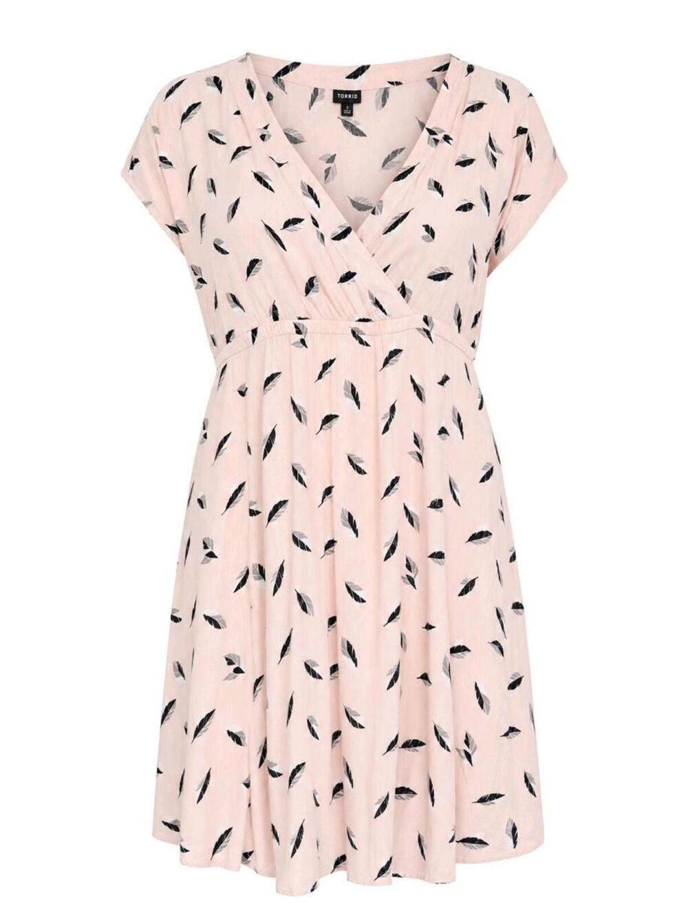 Torrid Women Pink Feather Print V-Neck Cap Sleeve Midi Dress Sz 1 Rayon Vacation